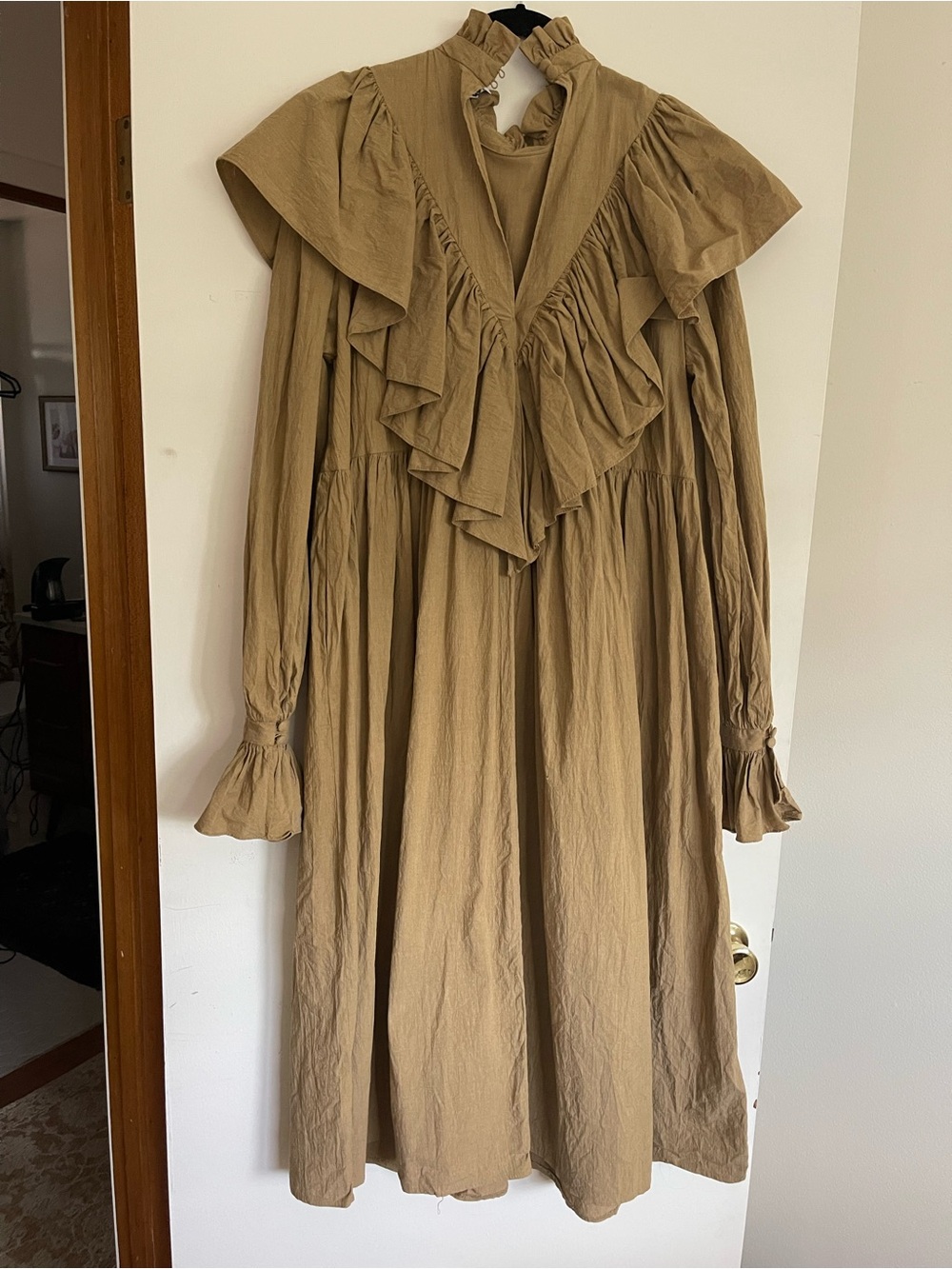 ASOS EDITION Camel Ruffle Prairie Midi Dress Size US 10 - Picture 4 of 7